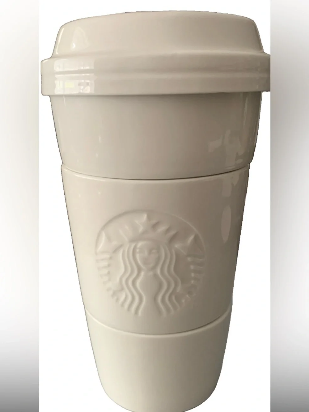 Pre Owned Starbucks 2012 White Ceramic 4 Piece Stacking Bowls Trinket Tumbler
